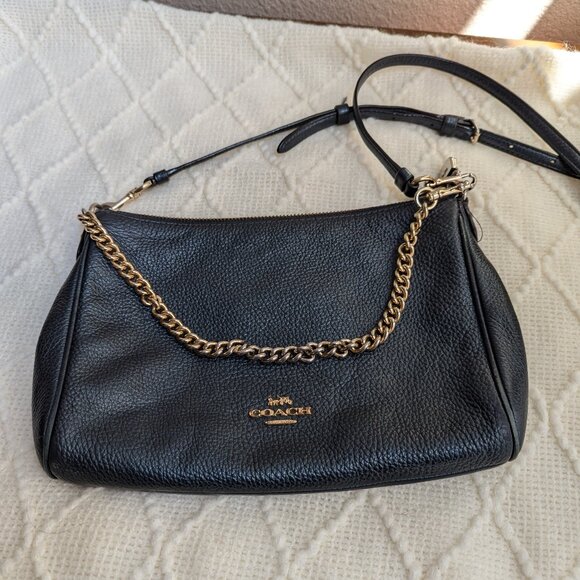 Coach Carrie Navy Blue Pebbled Leather Crossbody Bag with Gold-Tone Chain - Picture 1 of 10